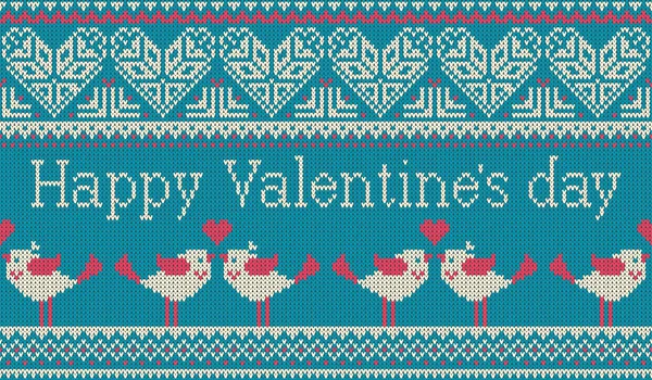 Bezproblémové vzorek na téma svátku Valentýna s obrazem, norština a fairisle vzorů. Srdce, ptáci v polibku, nápis Happy Valentine den. Vlněné pletené texturu. Vect — Stockový vektor