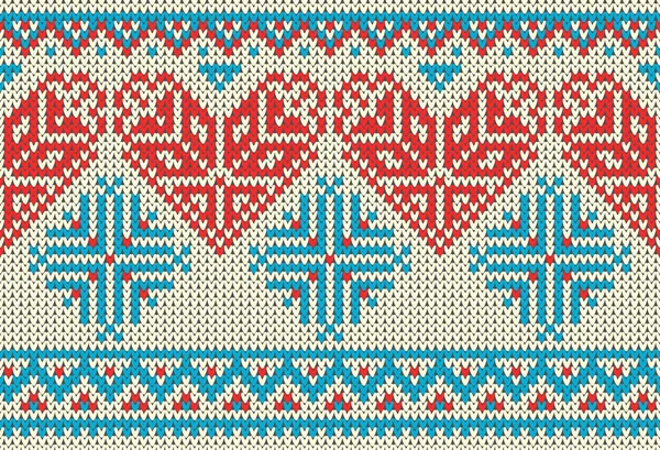 Seamless pattern on the theme of holiday Valentine's Day with an image of the Norwegian and fairisle patterns. Red heart, turquoise snowflakes on a light background.. Wool knitted texture. Vector Illu — Stock Vector