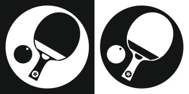 Ping pong raket simgesi. Siluet ping pong raket ve top siyah ve beyaz arka plan üzerinde. Spor malzemeleri. Vektör çizim.