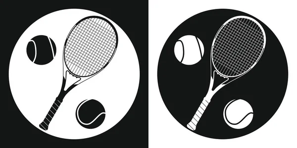 Raqueta de tenis y pelota de tenis icono. Raqueta de tenis de silueta y pelota de tenis sobre fondo blanco y negro. Equipamiento deportivo. Ilustración vectorial . — Vector de stock