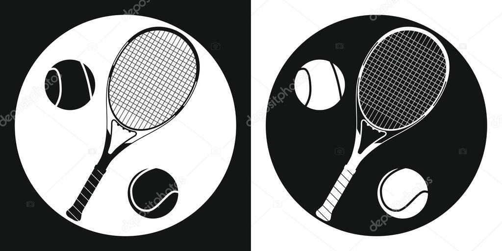 Tennis racquet and tennis ball icon. Silhouette tennis racquet and tennis ball on a black and white background. Sports Equipment. Vector Illustration.