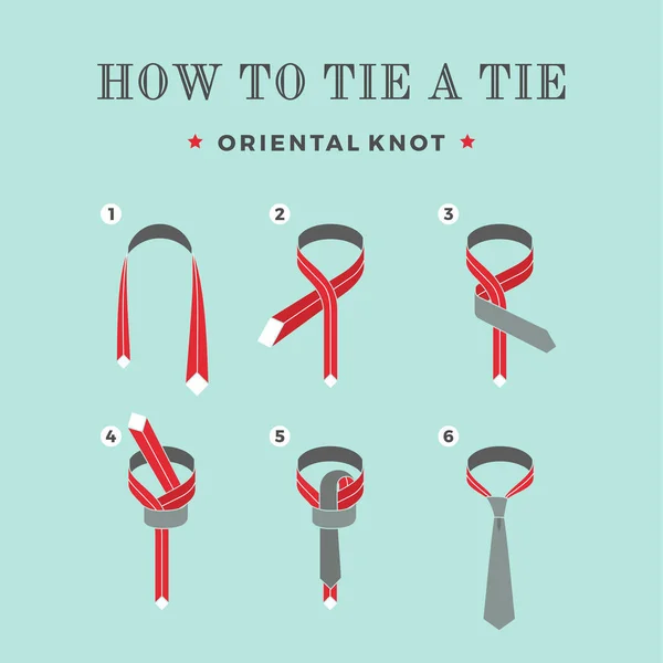 Instructions on how to tie a tie on the turquoise background of the six steps. Oriental knot. Vector Illustration. — Stock Vector