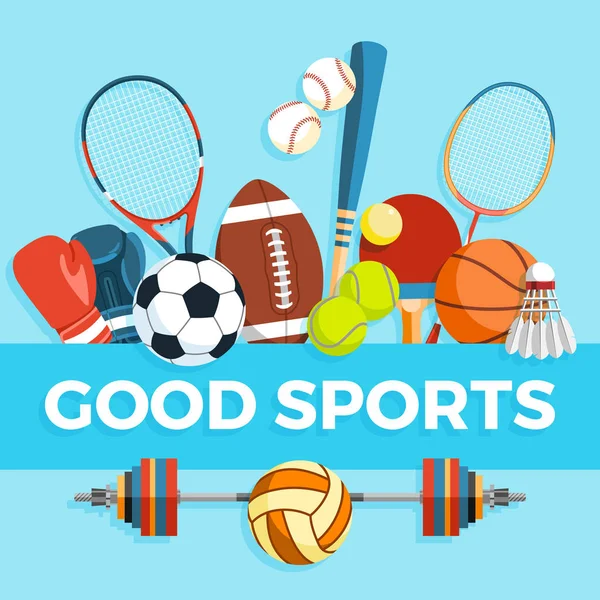 Set di palline sportive e oggetti da gioco su sfondo blu. Strumenti di stile di vita sano, elementi. Iscrizione BUONE SPORT. Illustrazione vettoriale . — Vettoriale Stock