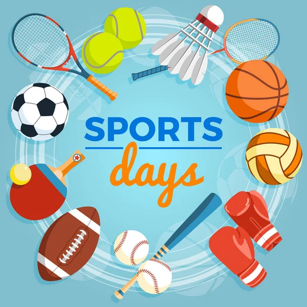 Набор красочных спортивных мячей и игровых предметов на синем фоне. Мячи для регби, волейбола, баскетбола, футбола, бейсбола, тенниса и шаттла бадминтона. Средства здорового образа жизни, элементы — стоковый вектор