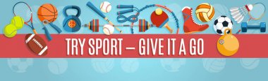 Set of sport balls and gaming items at a blue background. Healthy lifestyle tools, elements. Vector Illustration. clipart