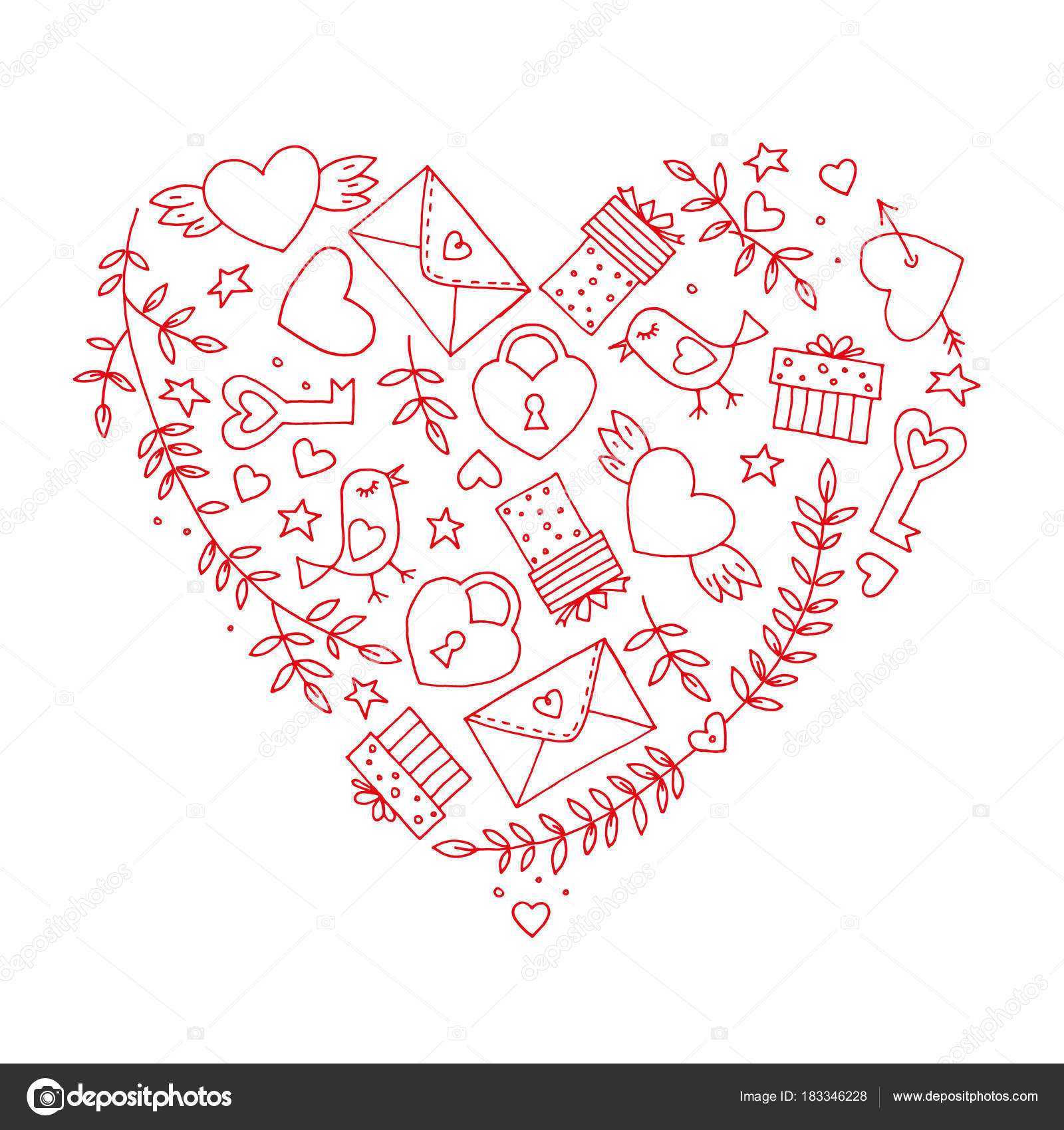 Accumulazione disegnata con cuore Ali ramo con foglie uccello regalo serratura chiave lettera scritta a mano Insieme di Doodle cartoon romantici
