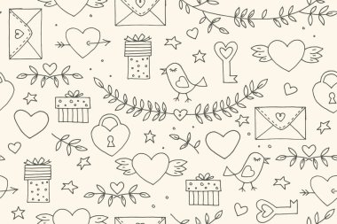 Sorunsuz karalamalar Sevgililer desen. Çizgi film romantik nesneleri: kalp, kanatları, şube yaprakları kuş, Hediyelik, kilit, anahtar, mektup beyaz arka plan üzerinde. İşaret, tasarım öğeleri ve sembolleri seviyorum. Vektör