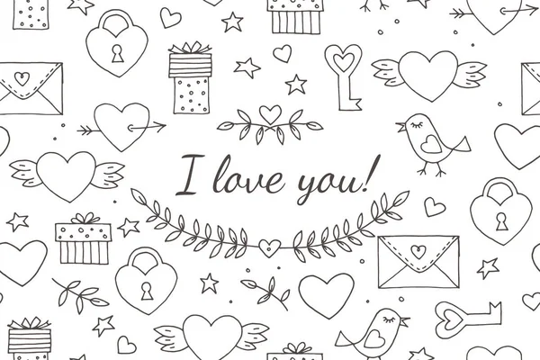 Naadloze doodles Valentines patroon. Cartoon romantische objecten: hart, vleugels, tak met bladeren vogel cadeau, lock, toets, brief op witte achtergrond. Hou van tekenen, designelementen en symbolen. Vector — Stockvector