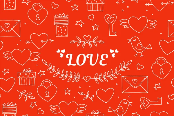 원활한 한다면 발렌타인 패턴입니다. 낭만적인 개체 만화: 심장, 날개, 잎 새, 선물, 자물쇠, 열쇠, 지점 빨간 배경에 편지. 사랑 하는 표지판, 디자인 요소 및 기호. 벡터 — 스톡 벡터