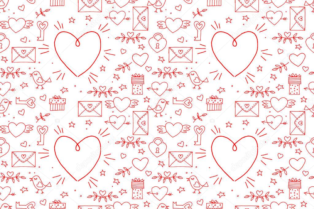 Seamless doodles Valentines pattern. Cartoon romantic objects: heart, wings, branch with leaves bird, gift, lock, key, letter on white background. Love signs, design elements and symbols. Vector
