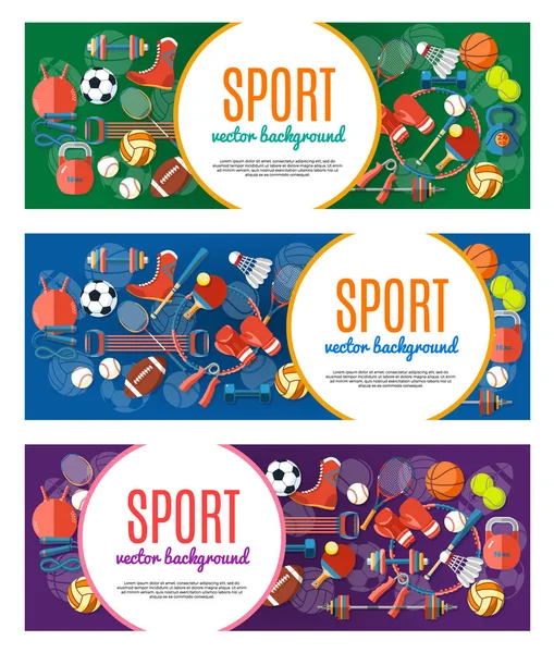 Banner of sport balls and gaming equipment. Poster with text Sport for banner, sticker, web. Healthy lifestyle tools, elements. Vector Illustration.