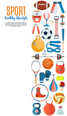 Banner of sport balls and gaming equipment. Background for promotional posters, advertising flyers, brochure or booklet, discount banners, sale. Healthy lifestyle tools. Vector Illustration. clipart