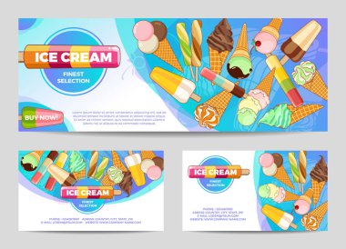 Dondurma afişi. Parlak renkli dondurma, gözleme koniler, güzel bir arka plan üzerinde çubuklu dondurmayı. Web, reklam, afiş, poster, afiş, kartvizit için illüstrasyon karikatür. Vektör çizim.