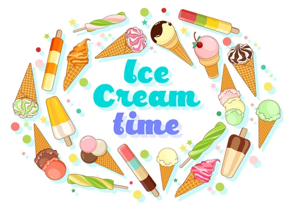 冰淇淋海报。明亮的彩色冰淇淋, 华夫饼锥, 冰棒在一个美丽的背景。卡通插图为网络, 广告, 横幅, 海报, 传单, 名片。矢量插图. — 图库矢量图片