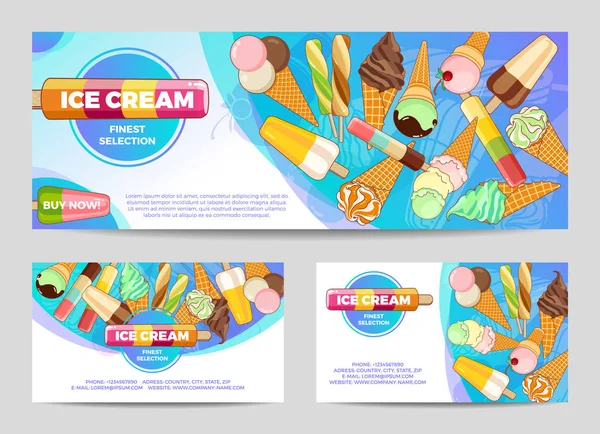 Cartel de helado. Helado de colores brillantes, conos de gofres, paletas sobre un hermoso fondo. Ilustración de dibujos animados para web, publicidad, banner, póster, volante, tarjeta de visita. Ilustración vectorial . — Archivo Imágenes Vectoriales