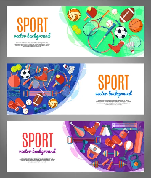 Banner de pelotas deportivas y equipos de juego. Póster con texto Deporte para banner, pegatina, web. Herramientas de estilo de vida saludable, elementos. Ilustración vectorial . — Archivo Imágenes Vectoriales