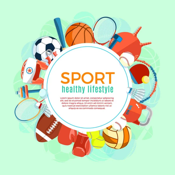 Banner of sport balls and gaming equipment. Poster with text Sport for banner, sticker, web. Healthy lifestyle tools, elements. Vector Illustration. — Stock Vector