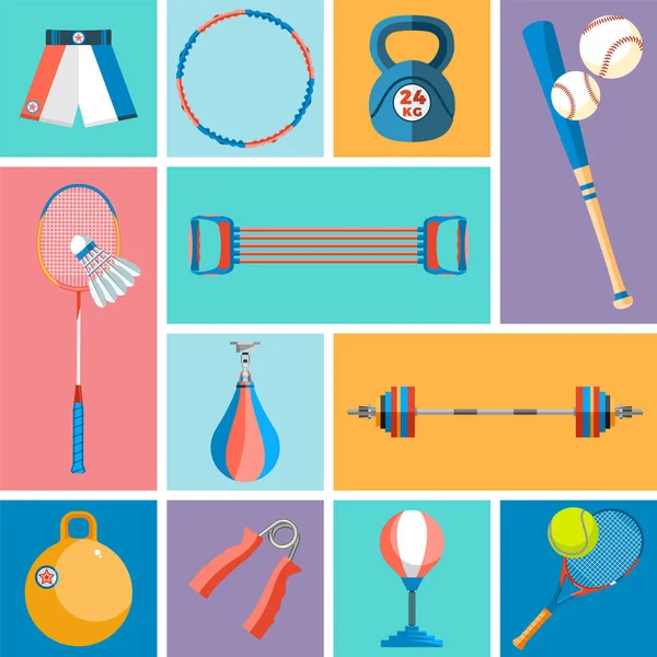 Banner of sport balls and gaming equipment. Background for promotional posters, advertising flyers, brochure or booklet, discount banners, sale. Healthy lifestyle tools. Vector Illustration.