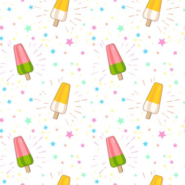 Yıldızlar ve daireler ile beyaz arka plan üzerinde meyve dondurma parlayan seamless modeli. Web, site, reklam, afiş, poster, afiş, kartvizit için illüstrasyon karikatür. Vektör çizim.