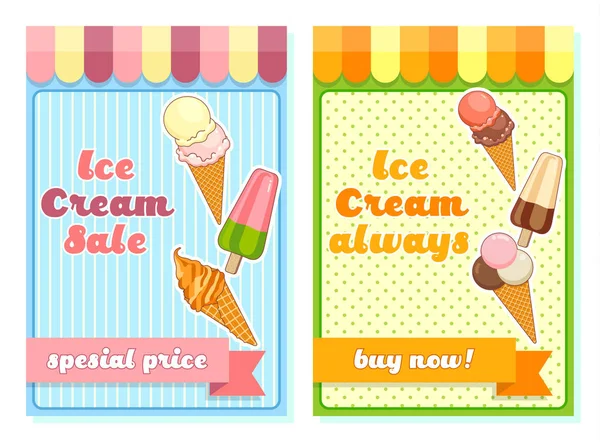 Plakat lody. Kolorowe lody Rożki waflowe, popsicles na tle pięknej. Ilustracja kreskówka dla sieci web, reklama, baner, plakat, ulotka, wizytówka. Ilustracja wektorowa. — Wektor stockowy