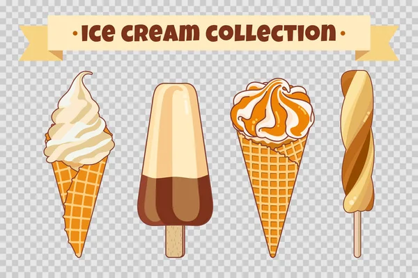 Сбор мороженого на прозрачном фоне. Красочное яркое мороженое, вафельные рожки и фруктовый лёд. Карикатурная иллюстрация для Интернета, рекламы, баннера, плаката, флаера. Векторная иллюстрация . — стоковый вектор