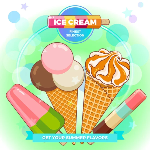 Eis-Plakat. buntes Eis, Waffeltüten, Eis am Stiel auf schönem Hintergrund. Cartoon Illustration für Web, Werbung, Banner, Plakat, Flyer, Visitenkarte. Vektorillustration. — Stockvektor