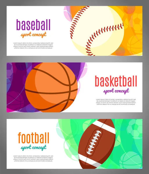 Banners con pelotas deportivas baloncesto, béisbol, fútbol. Torneos deportivos en baloncesto, voleibol, fútbol con descuentos, venta. Ilustración vectorial . — Vector de stock