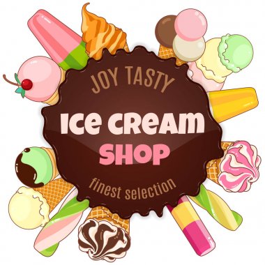 Dondurma afişi. Parlak renkli dondurma, gözleme koniler, güzel bir arka plan üzerinde çubuklu dondurmayı. Web, reklam, afiş, poster, afiş, kartvizit için illüstrasyon karikatür. Vektör çizim.