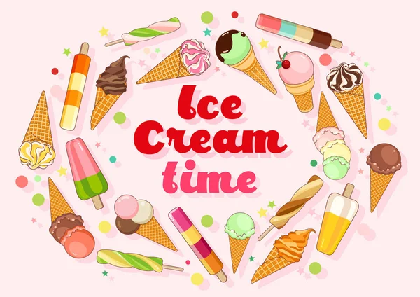 Ice cream affisch. Ljust färgad glass, våffla kottar, isglass på en vacker bakgrund. Tecknad bild för webb, reklam, banderoll, affisch, flyer, visitkort. Vektorillustration. — Stock vektor