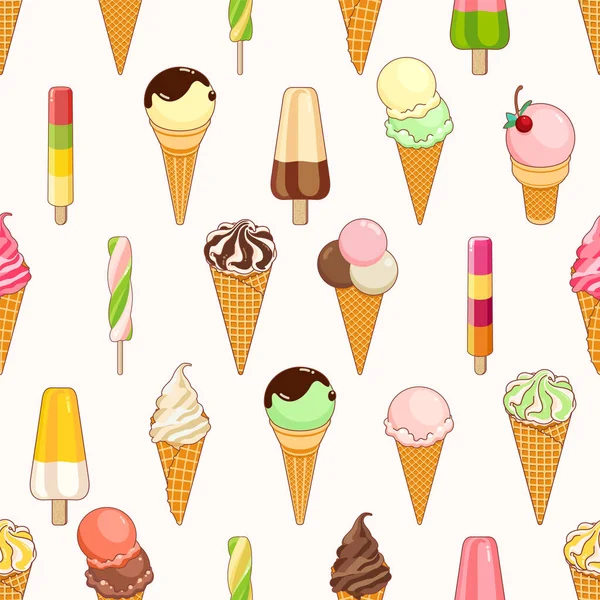 Seamless pattern of colorful ice creams on pink background with stars and circles. Cartoon illustration for web, site, advertising, banner, poster, flyer, business card. Vector illustration. — Stock Vector