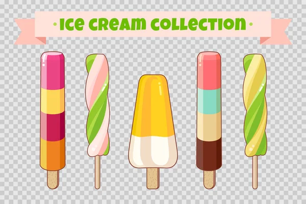 冰淇淋收集在透明的背景。五颜六色的明亮的冰淇淋, 华夫饼锥体和果子冰。卡通插图的网页, 广告, 横幅, 海报, 传单。矢量插图. — 图库矢量图片