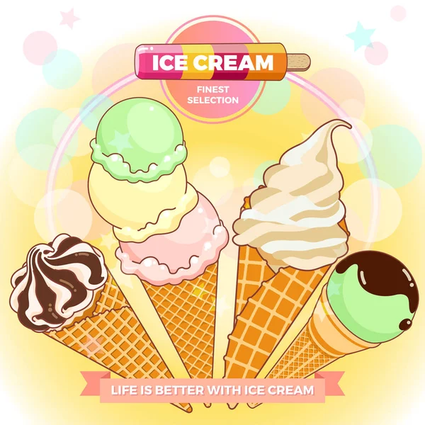 アイスクリームのポスター。鮮やかな色のアイスクリーム、ワッフル コーン、美しい背景にアイスキャンディー。Web、広告、バナー、ポスター、チラシ、名刺のイラストを漫画します。ベクトル図. — ストックベクタ