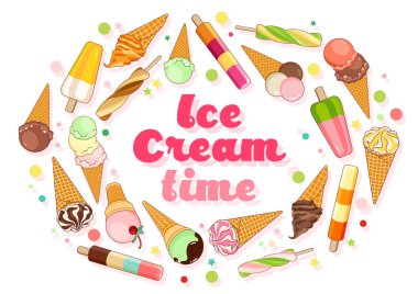 Dondurma afişi. Parlak renkli dondurma, gözleme koniler, güzel bir arka plan üzerinde çubuklu dondurmayı. Web, reklam, afiş, poster, afiş, kartvizit için illüstrasyon karikatür. Vektör çizim.