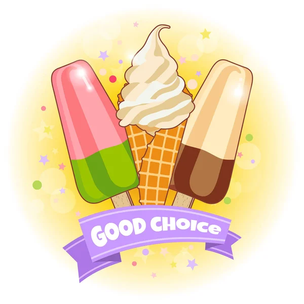 Ice cream affisch. Ljust färgad glass, våffla kottar, isglass på en vacker bakgrund. Tecknad bild för webb, reklam, banderoll, affisch, flyer, visitkort. Vektorillustration. — Stock vektor