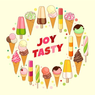 Dondurma afişi. Parlak renkli dondurma, gözleme koniler, güzel bir arka plan üzerinde çubuklu dondurmayı. Web, reklam, afiş, poster, afiş, kartvizit için illüstrasyon karikatür. Vektör çizim.