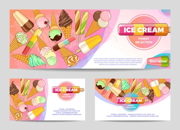 Плакат с мороженым. Яркое мороженое, вафельные рожки, мороженое на красивом фоне. Карикатурная иллюстрация для Интернета, рекламы, баннера, плаката, флаера, визитной карточки. Векторная иллюстрация . — стоковый вектор