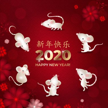 Mutlu Çin Yeni Yılı 2020. Güzel beyaz fareler kur. Farklı pozlardaki fareler kırmızı arka planda çiçekler ve noktalarla daireler çizerler. Asya modelleri. Çin karakterleri: Mutlu yıllar. Vektör illüstrasyonu.