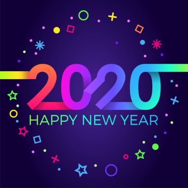 2020 mutlu yıllar. Kağıt Memphis geometrik parlak stili. Tatil ilanları, selamlar, davetiyeler, Mutlu Yıllar veya Mutlu Noeller kartları. Tatil geçmişi, poster, afiş. Vektör İllüstrasyonu.