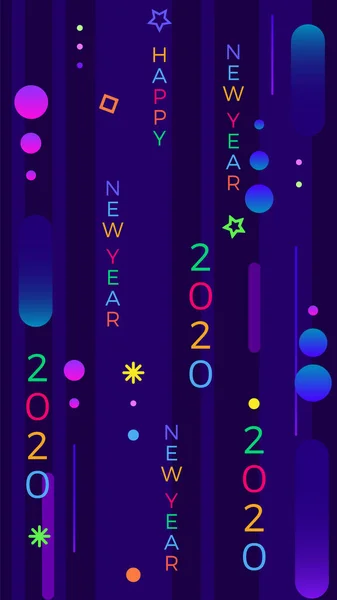 2020年：新年快乐。 纸孟菲斯几何明亮的风格为假日传单，问候，邀请，新年快乐或圣诞快乐卡。 假日背景海报横幅 病媒图解. — 图库矢量图片