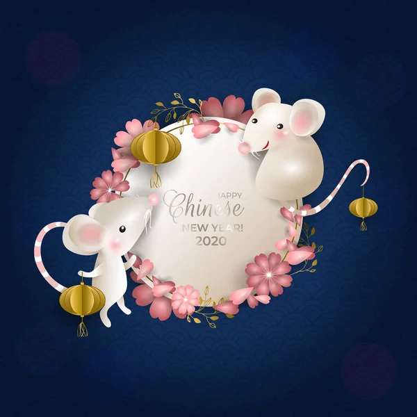 Happy Chinese New Year 2020. Rats on white round signboard. White mouses, golden lanterns, pink flowers, petals, blue background. For greeting card, invitation, poster, banner. Vector illustration. — Stock Vector