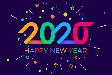 2020 mutlu yıllar. Kağıt Memphis geometrik parlak stili. Tatil ilanları, selamlar, davetiyeler, Mutlu Yıllar veya Mutlu Noeller kartları. Tatil geçmişi, poster, afiş. Vektör İllüstrasyonu.