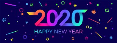 2020 mutlu yıllar. Kağıt Memphis geometrik parlak stili. Tatil ilanları, selamlar, davetiyeler, Mutlu Yıllar veya Mutlu Noeller kartları. Tatil geçmişi, poster, afiş. Vektör İllüstrasyonu.