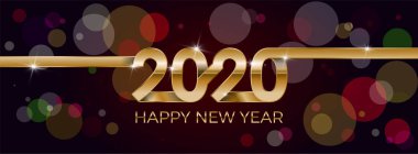 2020 mutlu yıllar. Banner davetiyesi, parti afişi parıldayan yıldızlar konfeti sim süslemesi. Kış tatili tebrik kartı tasarımı. Altından bir şablon. Mutlu yıllar 2020. Vektör İllüstrasyonu.