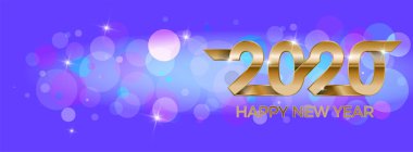 2020 mutlu yıllar. Banner davetiyesi, parti afişi parıldayan yıldızlar konfeti sim süslemesi. Kış tatili tebrik kartı tasarımı. Altından bir şablon. Mutlu yıllar 2020. Vektör İllüstrasyonu.