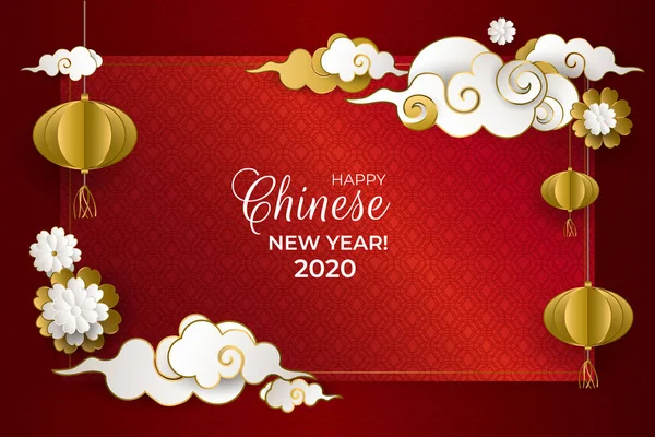 祝您2020中国新年快乐。 有金白色云彩、灯笼、红色背景花朵的贺卡。 亚洲模式。 度假邀请函海报横幅 纸的风格 矢量说明. — 图库矢量图片