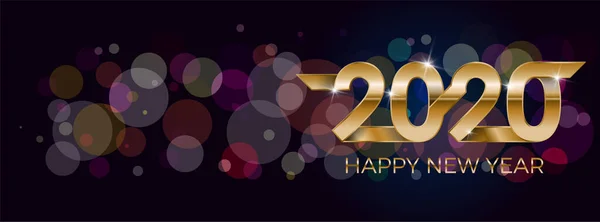 Feliz Año Nuevo 2020. Banner invitación, fiesta cartel estrellas brillantes confeti brillo decoración. Plantilla de diseño de tarjeta de felicitación de vacaciones de invierno con texto dorado Feliz Año Nuevo 2020. Ilustración vectorial . — Vector de stock