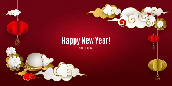 Happy Chinese New Year 2020 of rat. Banner: white and gold mouse, clouds, lanterns, flowers on red background. Asian patterns. For invitations, poster, greeting card. Paper style. Vector illustration. — Stock Vector