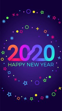 2020 mutlu yıllar. Kağıt Memphis geometrik parlak stili. Tatil ilanları, selamlar, davetiyeler, Mutlu Yıllar veya Mutlu Noeller kartları. Tatil geçmişi, poster, afiş. Vektör İllüstrasyonu.