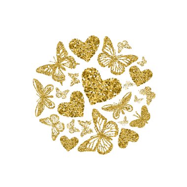 Altın parıldayan kalp ve kelebekler. Beyaz arka planda güzel altın siluetler. Sevgililer günü için, düğün davetiyeleri, kartlar, markalaşma, etiket, konsept tasarım. Vektör illüstrasyonu.