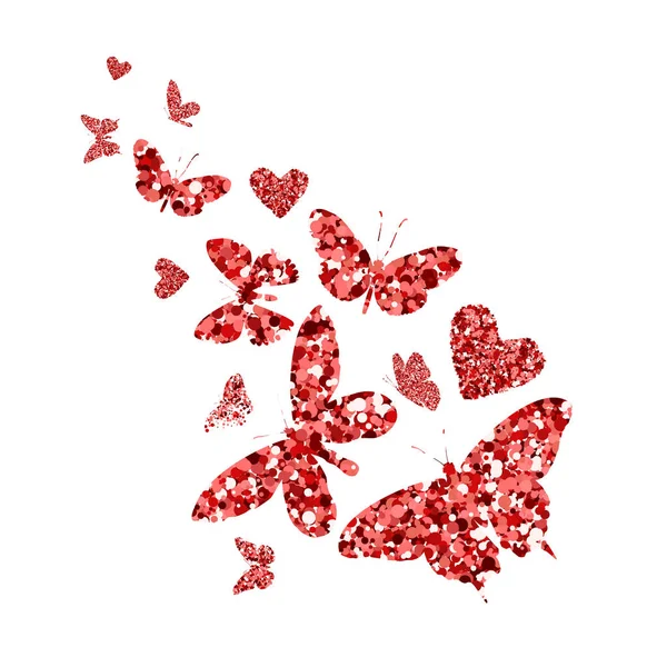 Vola scintillanti farfalle rosse e cuori. Belle silhouette rosse su sfondo bianco. Per San Valentino, inviti di nozze, biglietti, branding, etichetta, banner, concept design. Illustrazione vettoriale . — Vettoriale Stock